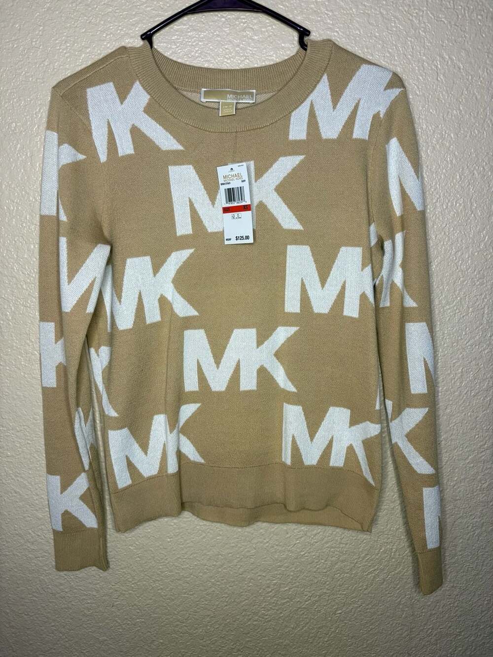 Michael Kors Large MK Signature Logo Intarsia Knit Sweater in Buff